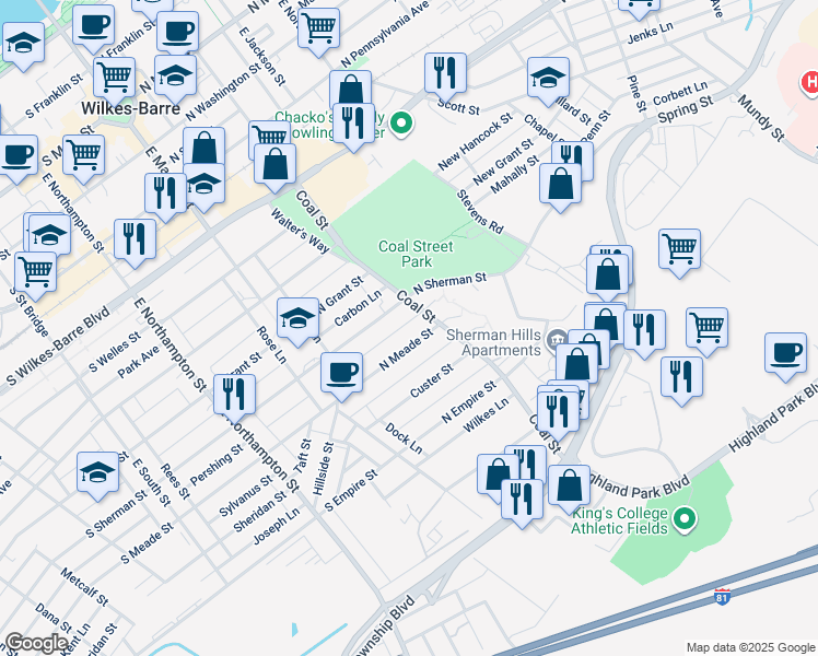 map of restaurants, bars, coffee shops, grocery stores, and more near 123 North Fulton Street in Wilkes-Barre