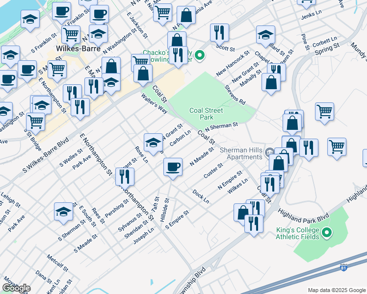 map of restaurants, bars, coffee shops, grocery stores, and more near 99 North Fulton Street in Wilkes-Barre