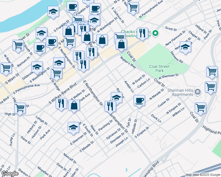 map of restaurants, bars, coffee shops, grocery stores, and more near 41 South Hancock Street in Wilkes-Barre