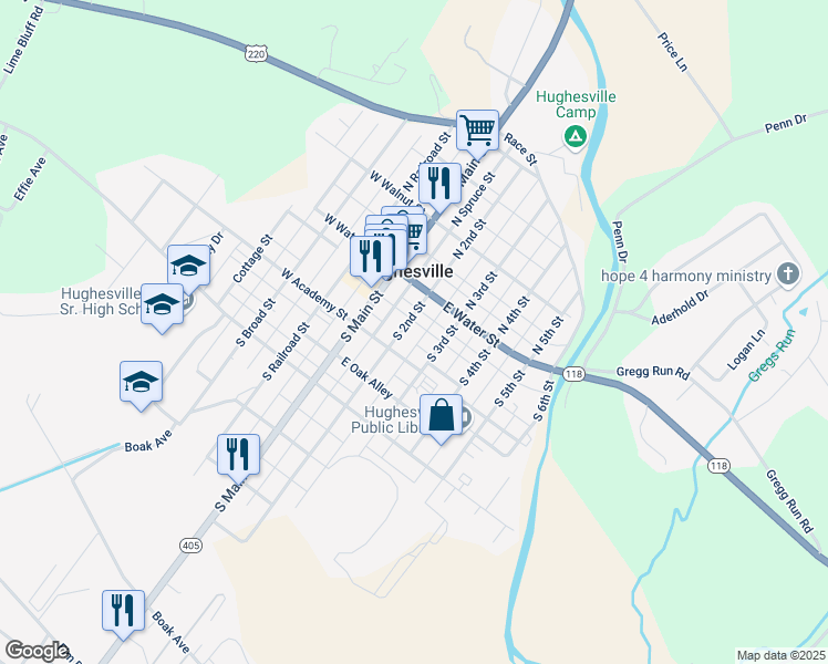 map of restaurants, bars, coffee shops, grocery stores, and more near E Ward Line Alley in Hughesville