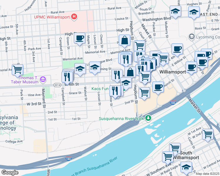 map of restaurants, bars, coffee shops, grocery stores, and more near 332 Center Street in Williamsport
