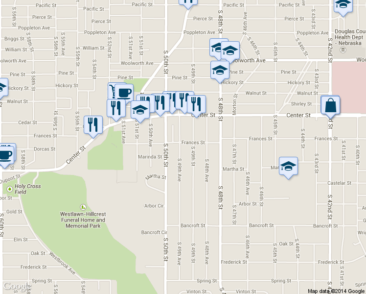 map of restaurants, bars, coffee shops, grocery stores, and more near 2102 South 49th Street in Omaha