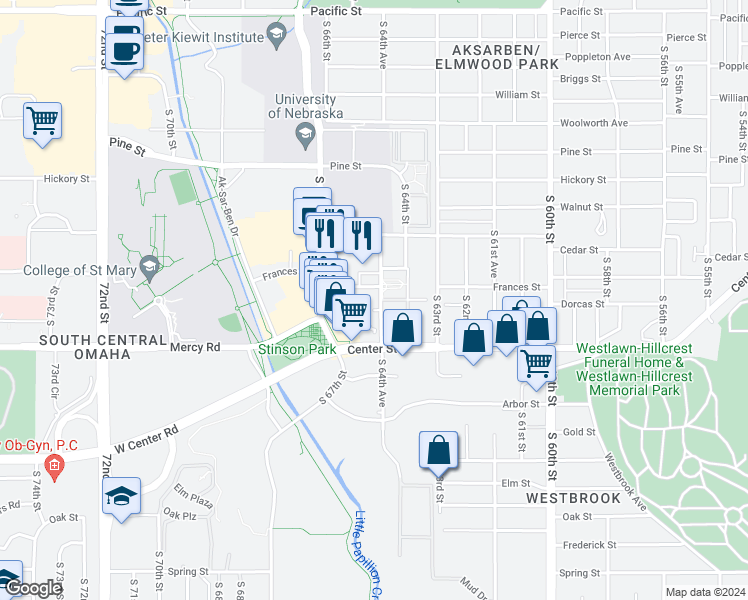 map of restaurants, bars, coffee shops, grocery stores, and more near 2110 South 64th Plaza in Omaha