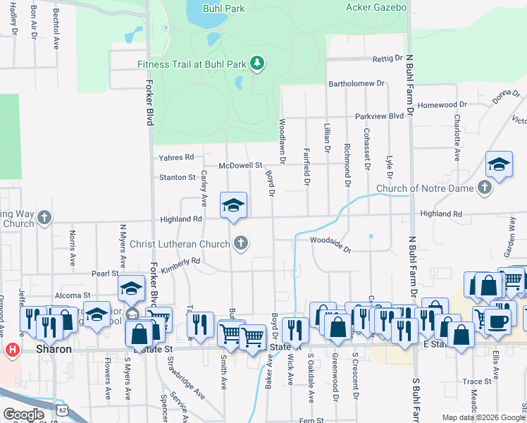map of restaurants, bars, coffee shops, grocery stores, and more near 448 Dougherty Avenue in Sharon