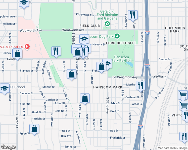 map of restaurants, bars, coffee shops, grocery stores, and more near 2115 South 34th Street in Omaha