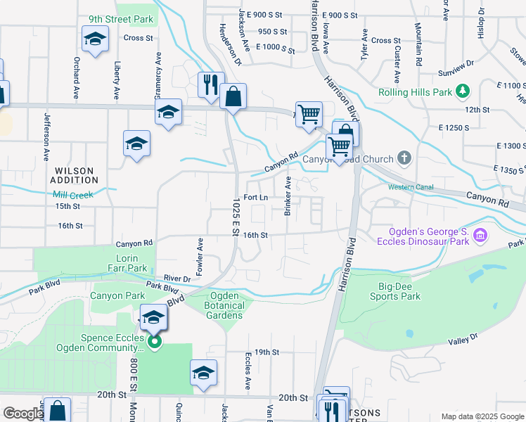 map of restaurants, bars, coffee shops, grocery stores, and more near 1499 Calver Court Drive in Ogden