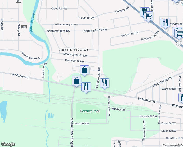 map of restaurants, bars, coffee shops, grocery stores, and more near 425 Southern Boulevard Northwest in Warren