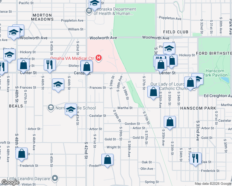 map of restaurants, bars, coffee shops, grocery stores, and more near 2110 South 38th Avenue in Omaha