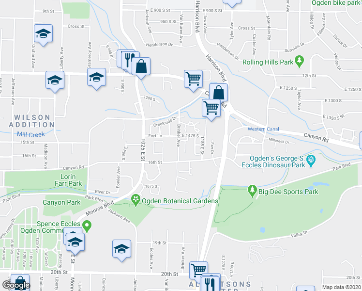map of restaurants, bars, coffee shops, grocery stores, and more near 1496A South 1150 East Street in Ogden