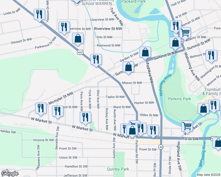 map of restaurants, bars, coffee shops, grocery stores, and more near 1185 Mcmyler Street Northwest in Warren