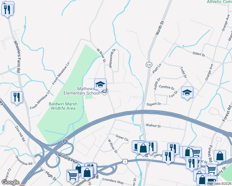 map of restaurants, bars, coffee shops, grocery stores, and more near 27 Welles Drive in Milford