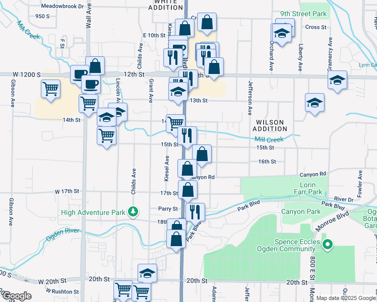 map of restaurants, bars, coffee shops, grocery stores, and more near 1505 Ogden Avenue in Ogden