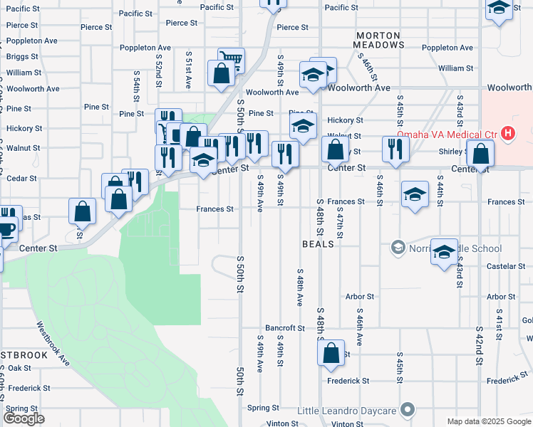 map of restaurants, bars, coffee shops, grocery stores, and more near 2102 South 49th Street in Omaha