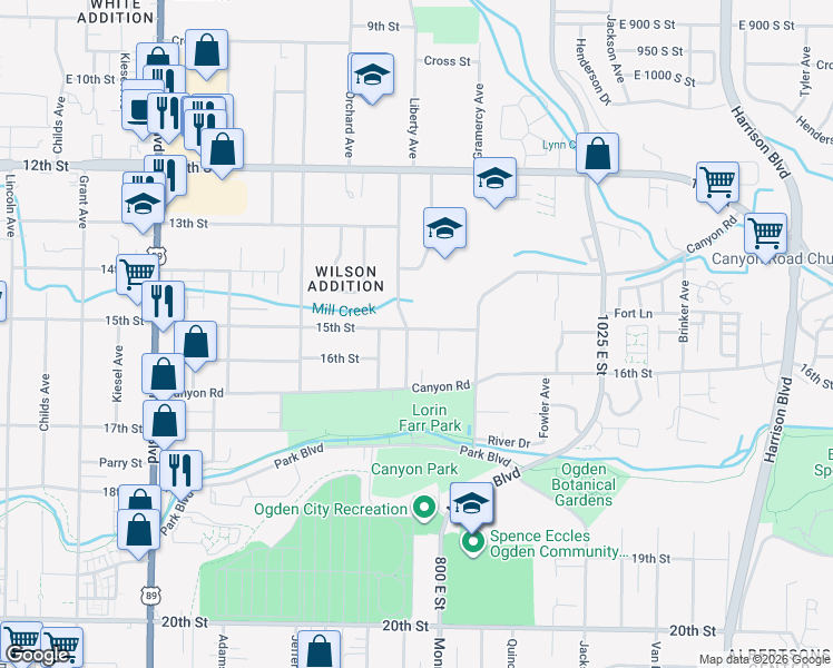 map of restaurants, bars, coffee shops, grocery stores, and more near 1502 Liberty Ave in Ogden