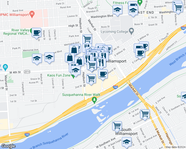 map of restaurants, bars, coffee shops, grocery stores, and more near 240 West 3rd Street in Williamsport