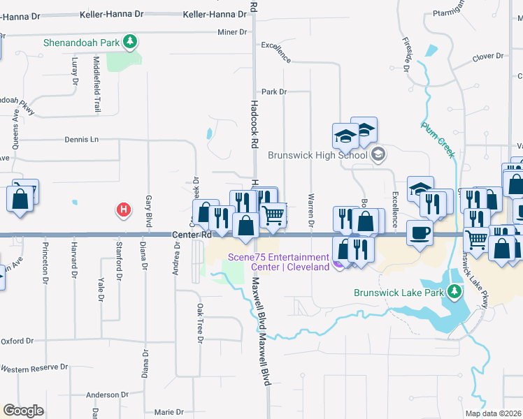 map of restaurants, bars, coffee shops, grocery stores, and more near 1325 Hadcock Road in Brunswick
