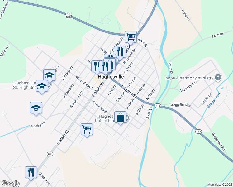 map of restaurants, bars, coffee shops, grocery stores, and more near E Ward Line Alley in Hughesville