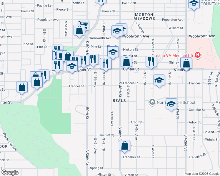 map of restaurants, bars, coffee shops, grocery stores, and more near 2103 South 48th Avenue in Omaha