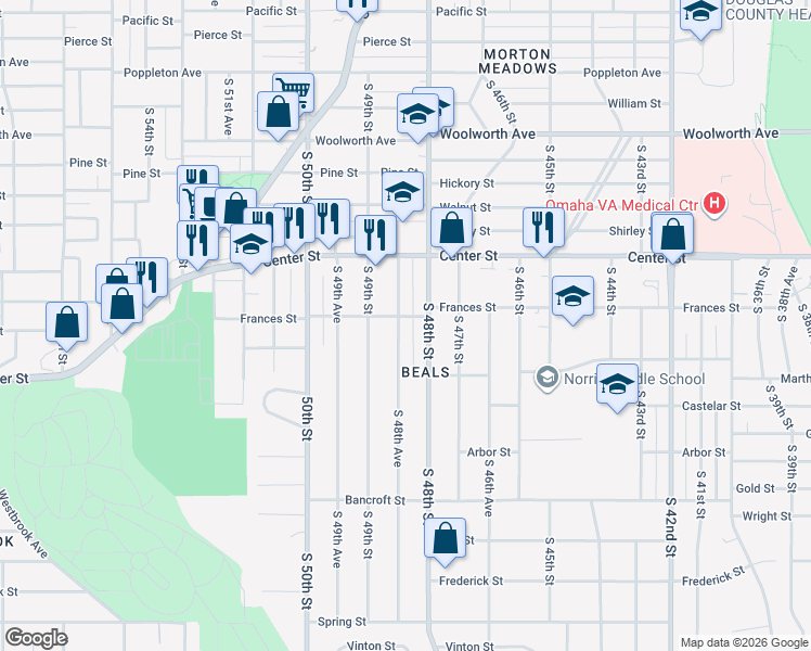 map of restaurants, bars, coffee shops, grocery stores, and more near 2103 South 48th Avenue in Omaha