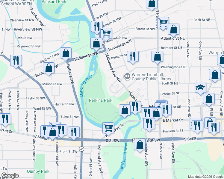 map of restaurants, bars, coffee shops, grocery stores, and more near 620 Perkins Drive Northwest in Warren