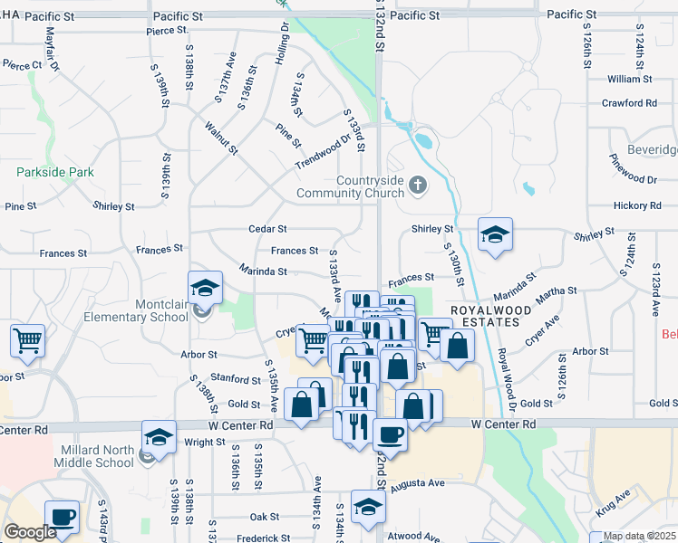 map of restaurants, bars, coffee shops, grocery stores, and more near 2123 South 133rd Avenue in Omaha