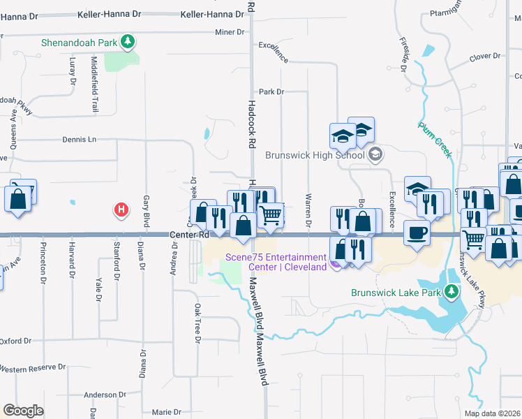 map of restaurants, bars, coffee shops, grocery stores, and more near 1325 Hadcock Road in Brunswick