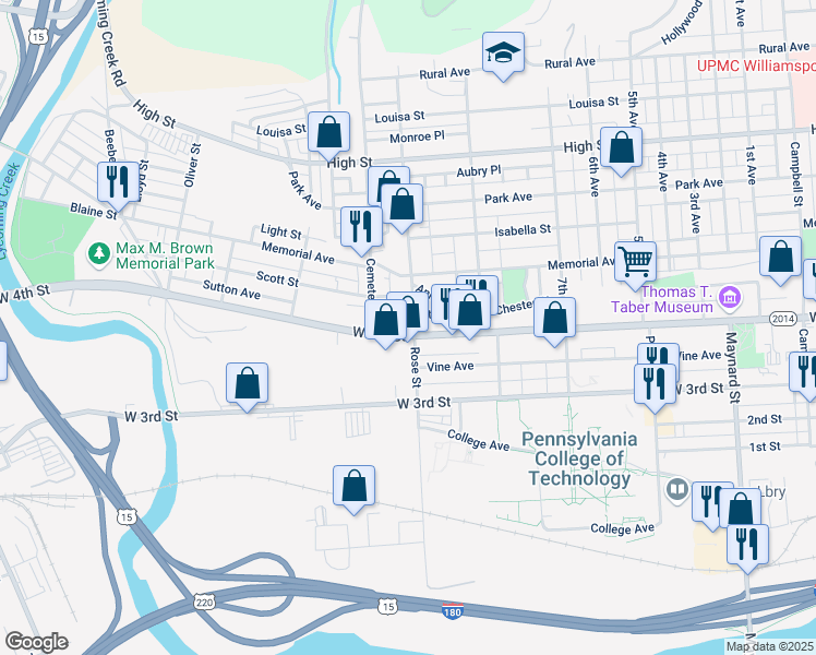 map of restaurants, bars, coffee shops, grocery stores, and more near 1300 West 4th Street in Williamsport