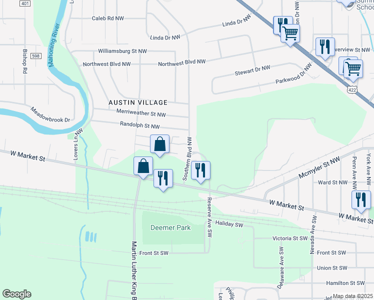 map of restaurants, bars, coffee shops, grocery stores, and more near 423 Southern Boulevard Northwest in Warren