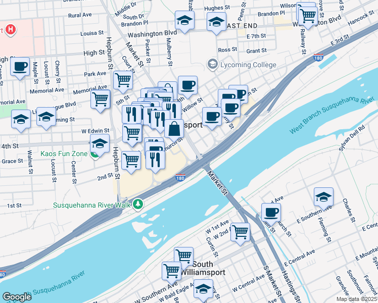 map of restaurants, bars, coffee shops, grocery stores, and more near 100 Pine Street in Williamsport