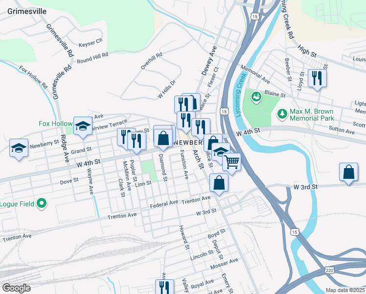 map of restaurants, bars, coffee shops, grocery stores, and more near 2017 West 4th Street in Williamsport