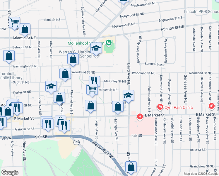 map of restaurants, bars, coffee shops, grocery stores, and more near 1143 Harrison Street Northeast in Warren
