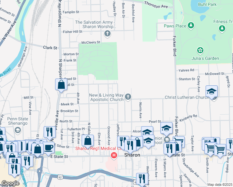 map of restaurants, bars, coffee shops, grocery stores, and more near 465 Jefferson Avenue in Sharon
