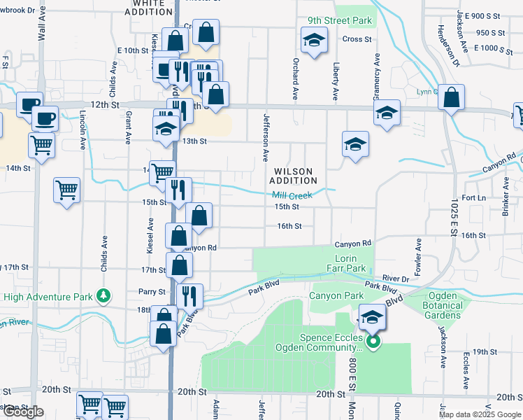 map of restaurants, bars, coffee shops, grocery stores, and more near 591 15th Street in Ogden
