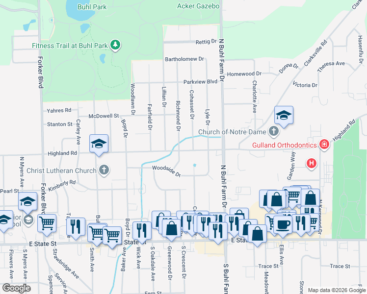 map of restaurants, bars, coffee shops, grocery stores, and more near 1885 Highland Road in Hermitage