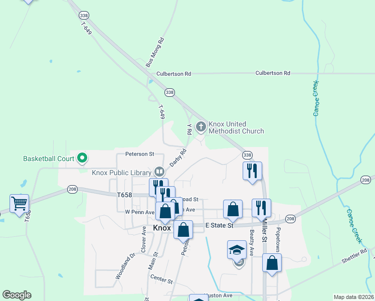 map of restaurants, bars, coffee shops, grocery stores, and more near Y Road in Knox