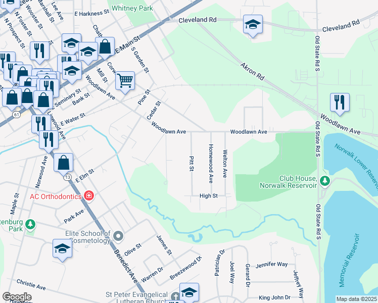 map of restaurants, bars, coffee shops, grocery stores, and more near 14 Pitt Street in Norwalk