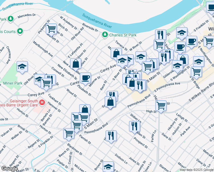 map of restaurants, bars, coffee shops, grocery stores, and more near 507 South River Street in Wilkes-Barre
