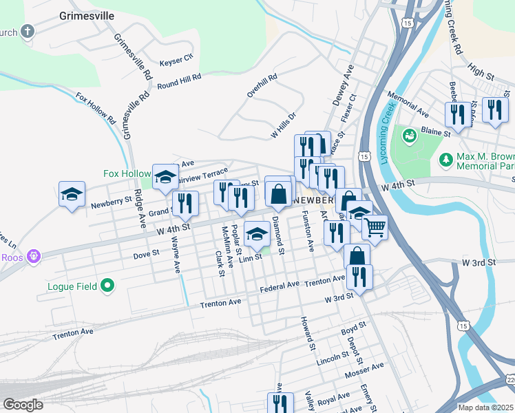 map of restaurants, bars, coffee shops, grocery stores, and more near 2214 West 4th Street in Williamsport