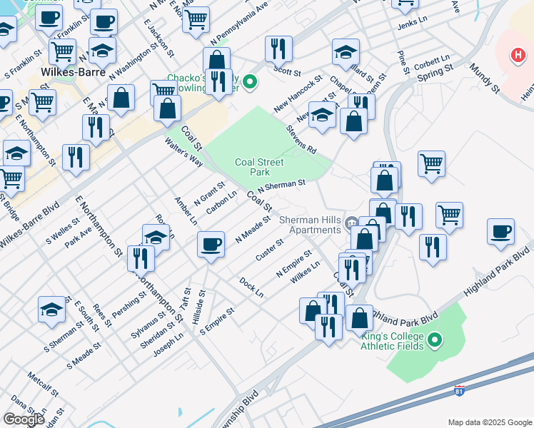 map of restaurants, bars, coffee shops, grocery stores, and more near 124 North Meade Street in Wilkes-Barre