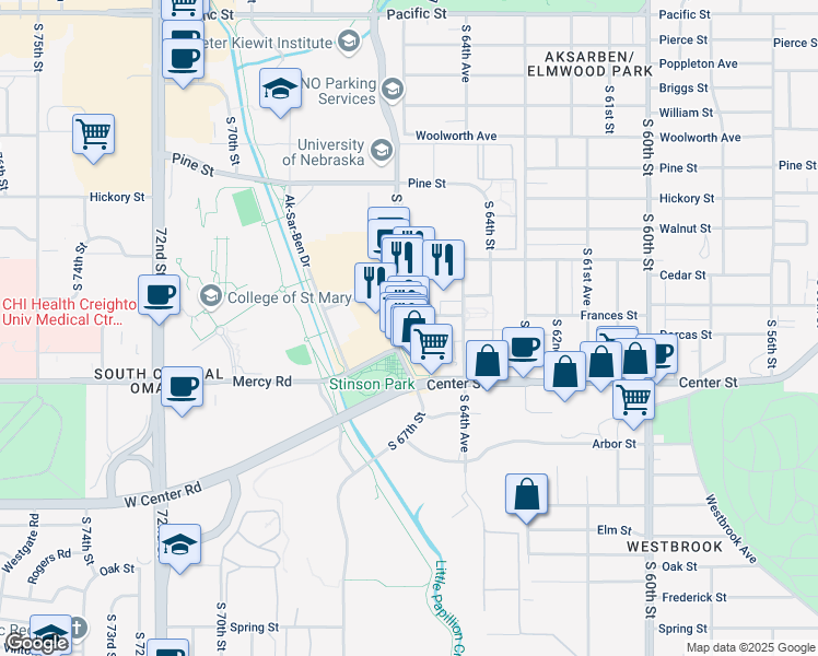 map of restaurants, bars, coffee shops, grocery stores, and more near 6947 Frances Street in Omaha