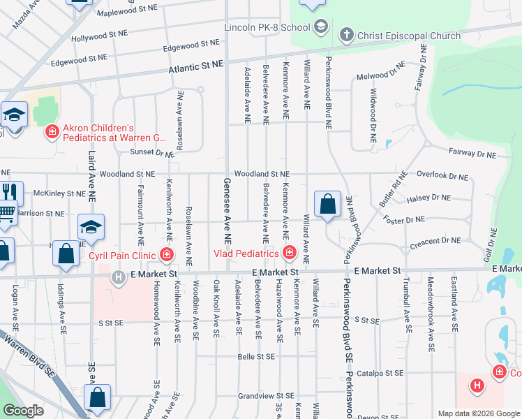 map of restaurants, bars, coffee shops, grocery stores, and more near 335 Belvedere Avenue Southeast in Warren