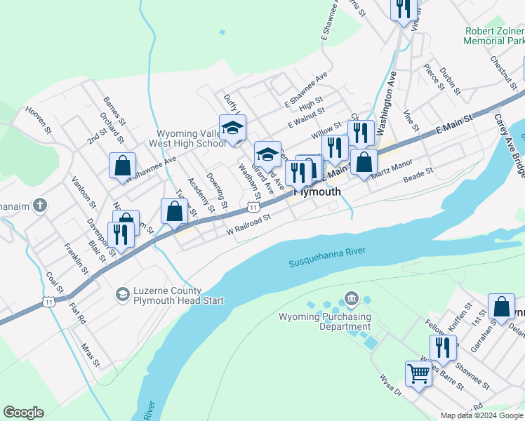 map of restaurants, bars, coffee shops, grocery stores, and more near 150 West Main Street in Plymouth