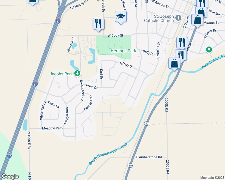 map of restaurants, bars, coffee shops, grocery stores, and more near 588 Brian Drive in Manteno