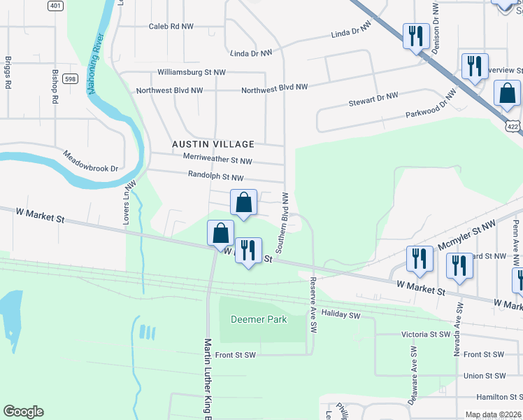 map of restaurants, bars, coffee shops, grocery stores, and more near 425 Southern Boulevard Northwest in Warren
