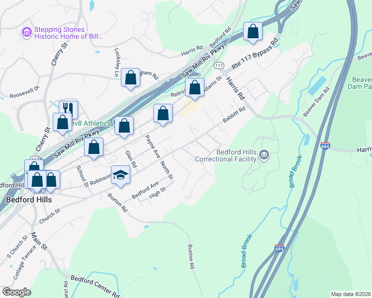 map of restaurants, bars, coffee shops, grocery stores, and more near 201 Babbitt Road in Bedford Hills