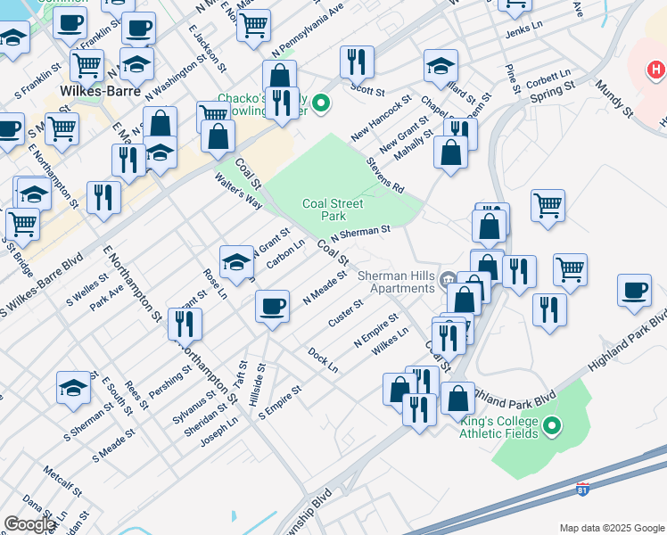 map of restaurants, bars, coffee shops, grocery stores, and more near 123 North Fulton Street in Wilkes-Barre