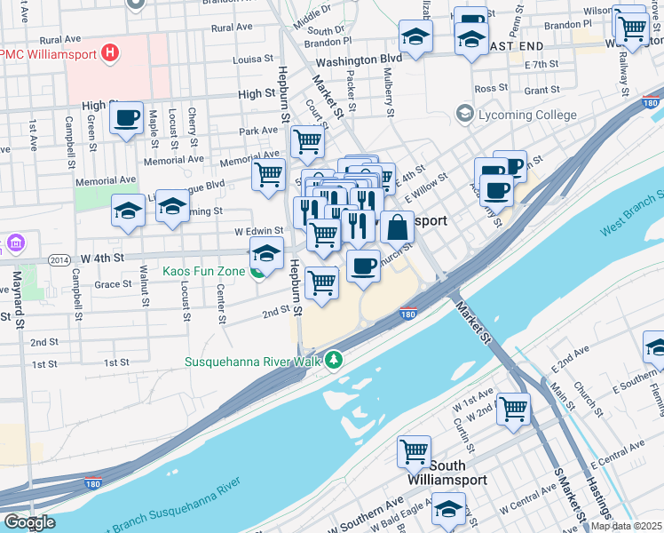 map of restaurants, bars, coffee shops, grocery stores, and more near in Williamsport