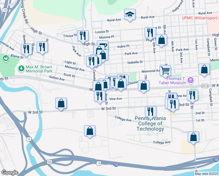 map of restaurants, bars, coffee shops, grocery stores, and more near 1300 West 4th Street in Williamsport