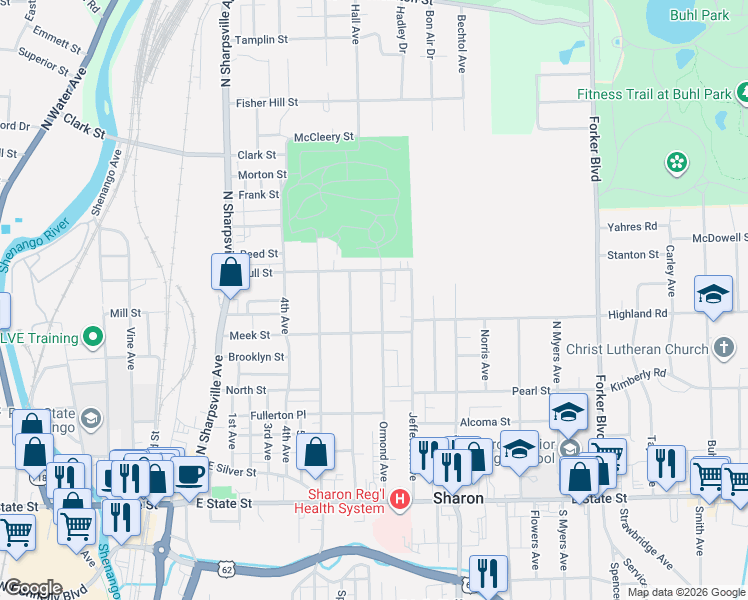 map of restaurants, bars, coffee shops, grocery stores, and more near 458 Elm Avenue in Sharon