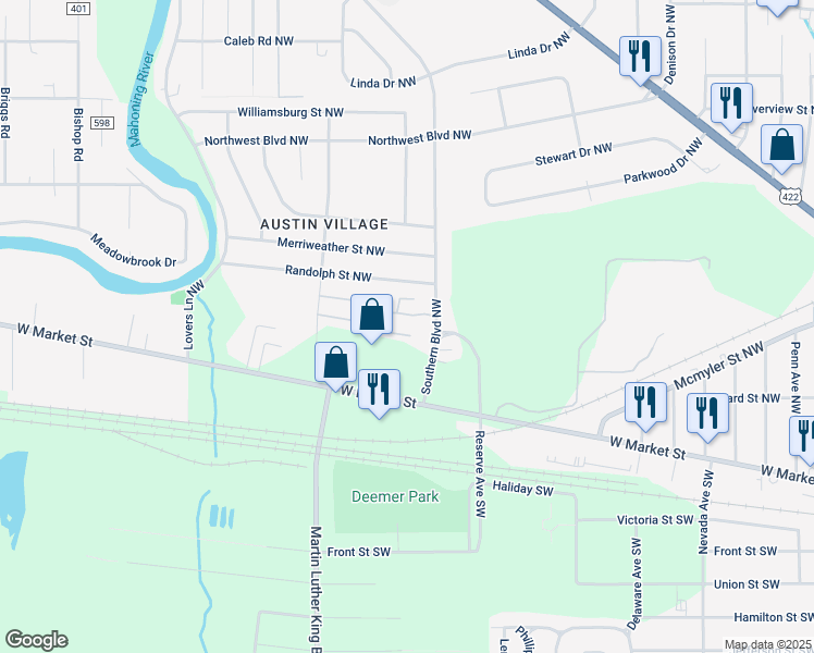 map of restaurants, bars, coffee shops, grocery stores, and more near 425 Southern Boulevard Northwest in Warren